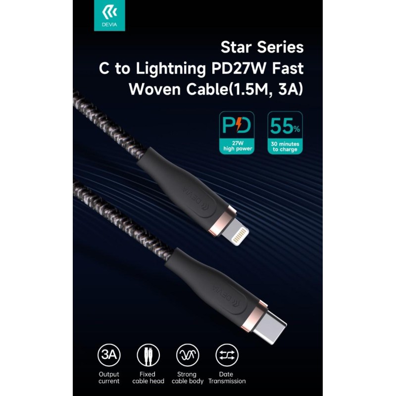 Cavo Intrecciato da C a Lightning 27W 3A, 1,5 Metri PD Nero