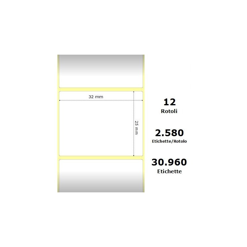 White 32x25mm, 2580 Et/Rotolo Z-2000D 1.3x1x1 Core, 12 Rolls