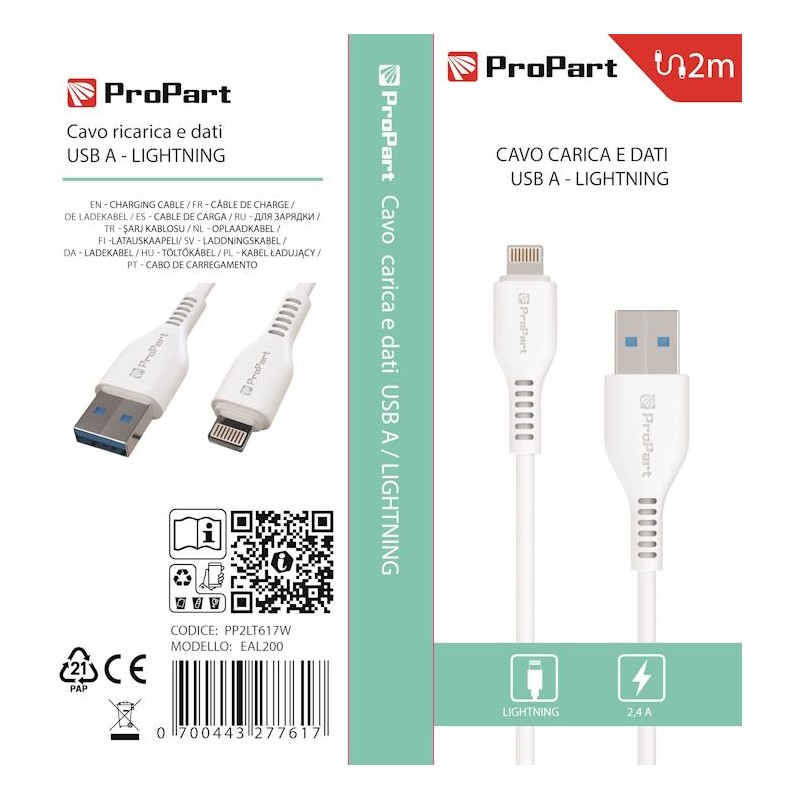 Cavo Lightning Apple 5V 2.4A 2mt Carica e dati Bianco