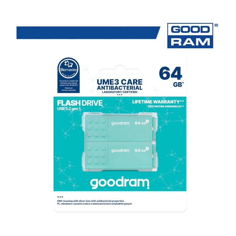 Pendrive GoodRAM 64GB UME3 CARE - ANTIBATTERICA - USB 3.0 - 2-pack