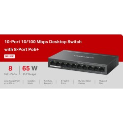 Switch Desktop 10 porte 10/100 PoE+  - Mercusys MS110P