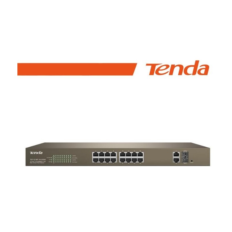 Tenda Switch PoE Web Smart 16 Porte 10/100+2Gb+2SFP - TEF1218P-16-250W